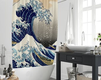 Rideaux de douche Grandes vagues de Kanagawa Ukiyoe, rideau de bain en polyester imperméable lavable de style japonais, vagues de l'océan et de la mer avec crochets