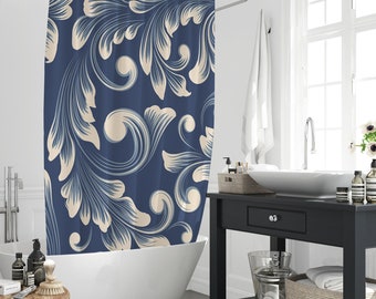 Retro European Baroque Floral Blue Shower Curtain, Classical Luxury Decorative Pattern Bathing Bathroom Home Curtain Decor Set With 12 Hooks