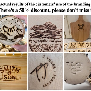 K&ouml;nnte beinhalten: Eine Collage von Bildern, die verschiedene Holzbranddesigns zeigen. Die Designs umfassen eine Berglandschaft, einen Pilz, einen Lacrosse-Schl&auml;ger, ein Fass mit dem Text "Smith & Son", einen kursiv geschriebenen Buchstaben "P" mit dem Text "5 Years + Forever" und ein Logo mit dem Text "Valley Creek Customs".