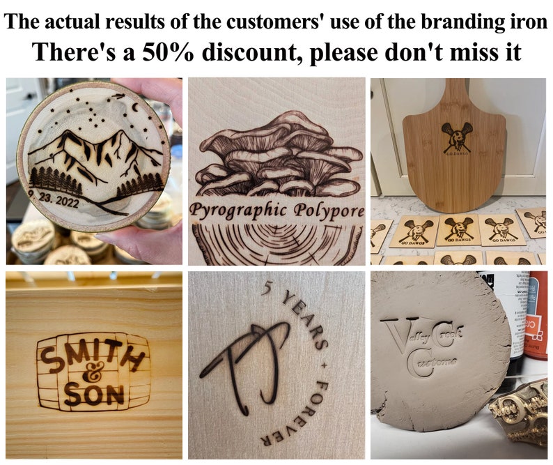 K&ouml;nnte beinhalten: Eine Collage von Bildern, die verschiedene Holzbranddesigns zeigen. Die Designs umfassen eine Berglandschaft, einen Pilz, einen Lacrosse-Schl&auml;ger, ein Fass mit dem Text "Smith & Son", einen kursiv geschriebenen Buchstaben "P" mit dem Text "5 Years + Forever" und ein Logo mit dem Text "Valley Creek Customs".