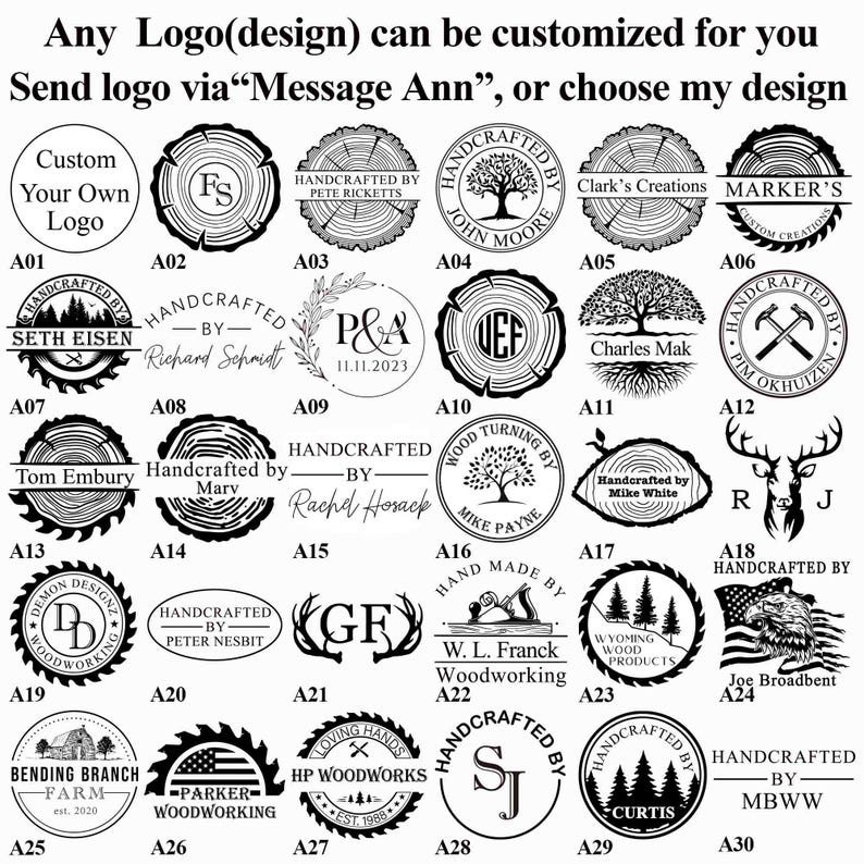 K&ouml;nnte beinhalten: Eine Sammlung von 30 verschiedenen Holzbrandlogos, jedes mit einem einzigartigen Design und Text. Die Logos sind in einem Rastermuster auf wei&szlig;em Hintergrund angeordnet. Die Logos zeigen verschiedene Designs, darunter B&auml;ume, Tiere, Initialen und Text.