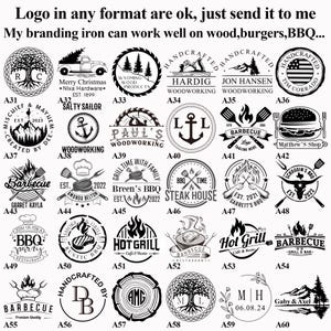 K&ouml;nnte beinhalten: Ein Schwarzwei&szlig;bild mit 60 verschiedenen Logo-Designs f&uuml;r Branding-Eisen. Die Logos sind in einem Raster angeordnet und umfassen verschiedene Designs wie B&auml;ume, Anker, BBQ-Grills und andere Bilder. Die Logos sind alle kreisf&ouml;rmig und haben Text um den &auml;u&szlig;eren Rand des Kreises.