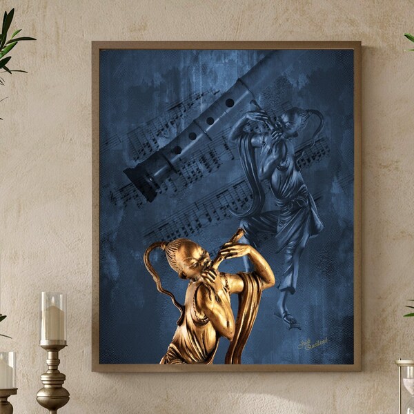 DANCING Golden FLUTIST Figurine Photograph, Instant Download, She is Playing a Flute on a Backdrop of Rich Blue Tones and Sheet Music
