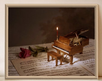 Poet and Peasant Music Photo, Miniature Piano with Candelabra, Vintage Sheet Music, Instant Download, JudiQuellandArt, Gift for Music Lovers