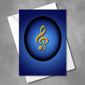 May include: A blue card with a gold treble clef in a black circle. The card has a gradient background.