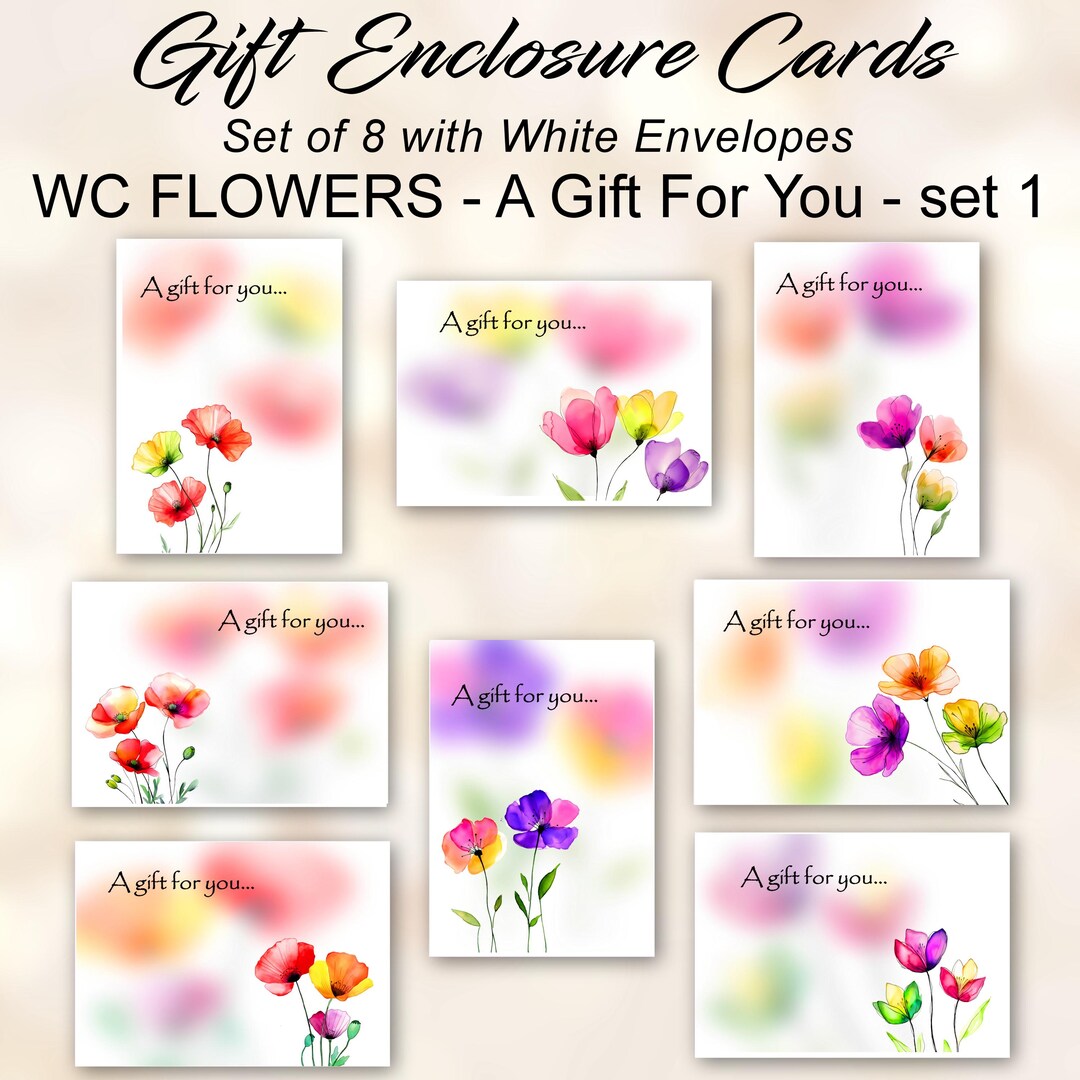 Colorful Watercolor Flowery Gift Enclosure Cards, Mini Cards, Set of 8 ...
