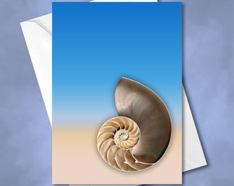 May include: A greeting card featuring a nautilus shell with a spiral pattern in shades of tan and brown. The shell is positioned against a background that transitions from a light tan color at the bottom to a bright blue color at the top.