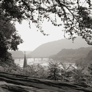 Overlooking Harpers Ferry Photo, Instant Download, Historic Site, West Virginia, Maryland, Scenic Overlook, River, Bridge, Mountains