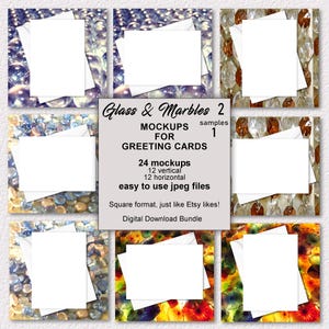 Grußkarten-Mockups für Ihre 15 x 18 Karten, bunte Murmeln und Glas Bildtexturen, JPG-Dateien, einfach zu bedienen, sofortiger Download