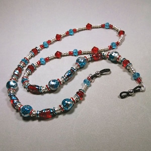 Eyeglass Chain with Red Blue and Silver Glass Beads, Sparkly Rhinestone Rondelles, Looks Patriotic! Nice Gift Also