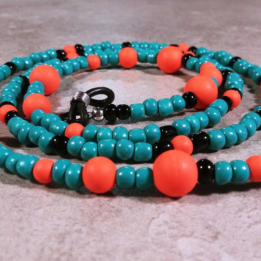 Eyeglass Chain With Orange Matte Finish Glass Beads, Turquoise and