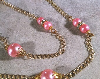 Pink Pearl Eyeglass Chain: Gold Tone Rhinestone Rondelles