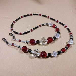 Eyeglass Holder with Red and Clear Faceted Glass Beads, Glass Spacer Beads and Seed Beads, Fun and Sparkly for Men or Women