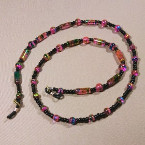 Beaded Eyeglass Chain with Pink Painted Glass Beads, and Black Seed Beads, Great Gift for Mom!