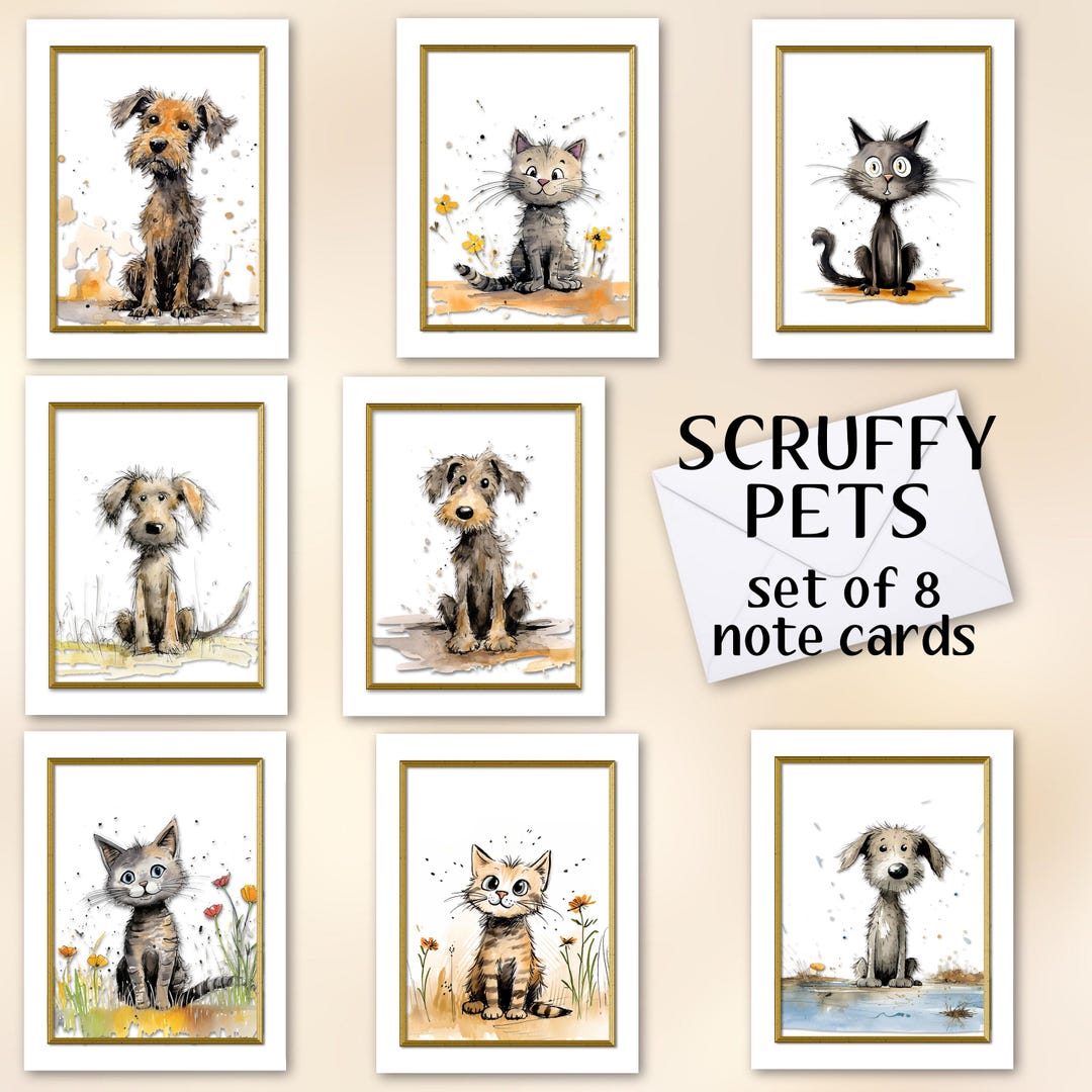 Pets Rectangular Note Sticker Scruffy Pets Cartoon Note Cards Set of 8, Blank Inside With Envelopes ...