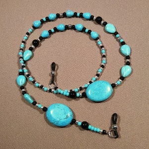 Turquoise Gemstone Eyeglass Chain with 2 Large Stones and Several Smaller Ones, Seed Beads, for a Man or Woman