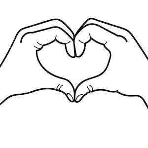 Puede incluir: Una ilustración de arte lineal en blanco y negro que representa dos manos colocadas juntas para formar una forma de corazón. El dibujo utiliza contornos negros limpios y audaces sobre un fondo blanco liso para definir los dedos y pulgares.