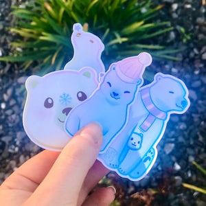 Lot 4 Stickers Autocollant Polar Bear | Basique ou Holographique | Water Résistant | Décoration pour ordinateur téléphone tablette