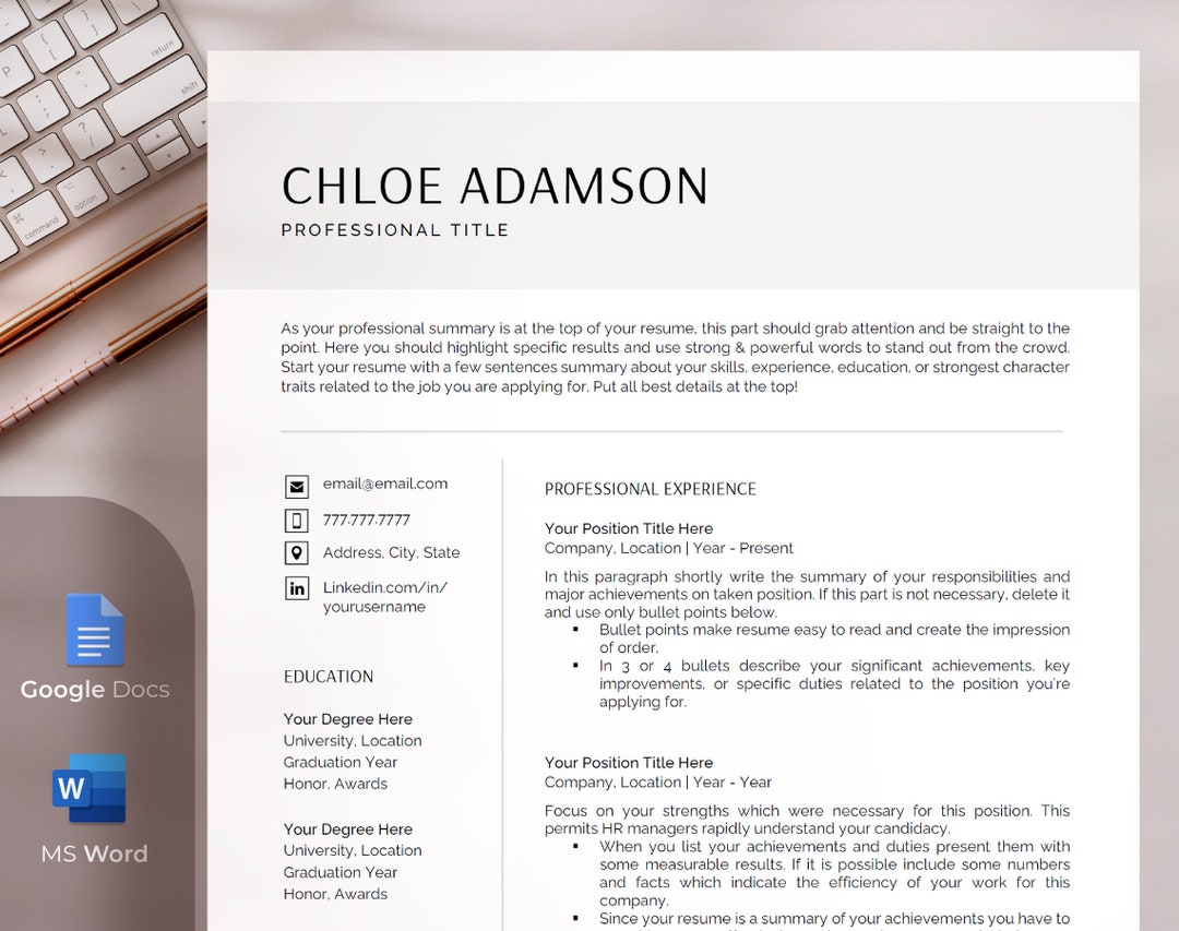 Modern Clean Resume Template for Word & Google Docs, Cover Letter ...