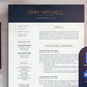 以下が含まれることがあります： 名前が「Timm Mitchell」と記載された、濃い青と金の履歴書テンプレート。テンプレートには、プロフィール、学歴、スキル、職務経歴のセクションが含まれています。