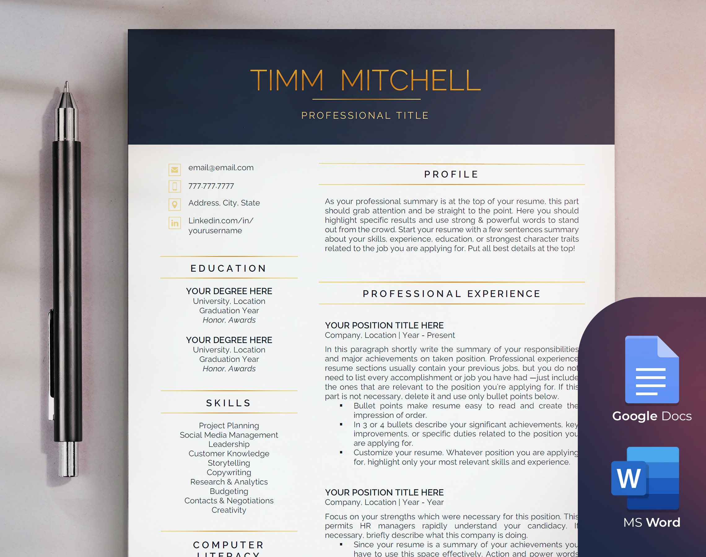 Executive Resume Template for Word, Google Docs, C-Level Resume, Professional CEO CV Template, 1-3 Page Resume, Cover Letter & References