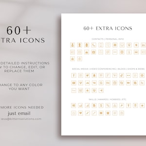 May include: A sheet of paper with 60+ extra icons for social media, video conferencing, blogs, shops, and websites. The icons are in a light brown color and are arranged in a grid. The text "60+ EXTRA ICONS" is at the top of the sheet. The text "CONTACTS | PERSONAL INFO" is below the icons. The text "SOCIAL MEDIA | VIDEO CONFERENCING | BLOGS | SHOPS & WEBS" is below the icons. The text "SKILLS | AWARDS | HOBBIES | ETC" is below the icons.