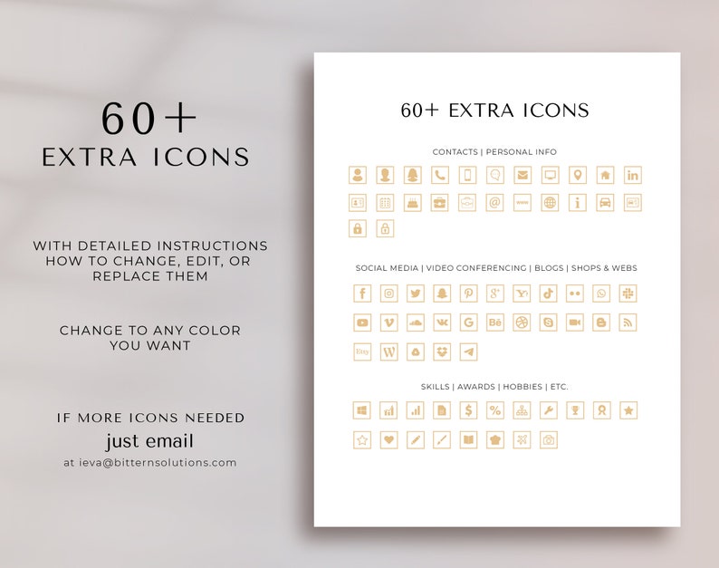 May include: A sheet of paper with 60+ extra icons for social media, video conferencing, blogs, shops, and websites. The icons are in a light brown color and are arranged in a grid. The text "60+ EXTRA ICONS" is at the top of the sheet. The text "CONTACTS | PERSONAL INFO" is below the icons. The text "SOCIAL MEDIA | VIDEO CONFERENCING | BLOGS | SHOPS & WEBS" is below the icons. The text "SKILLS | AWARDS | HOBBIES | ETC" is below the icons.