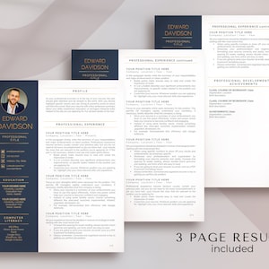 May include: A three-page resume template with a dark blue and gold color scheme. The resume includes sections for professional experience, education, computer literacy, and professional development and achievements. The template is designed to be used by job seekers to showcase their skills and experience.