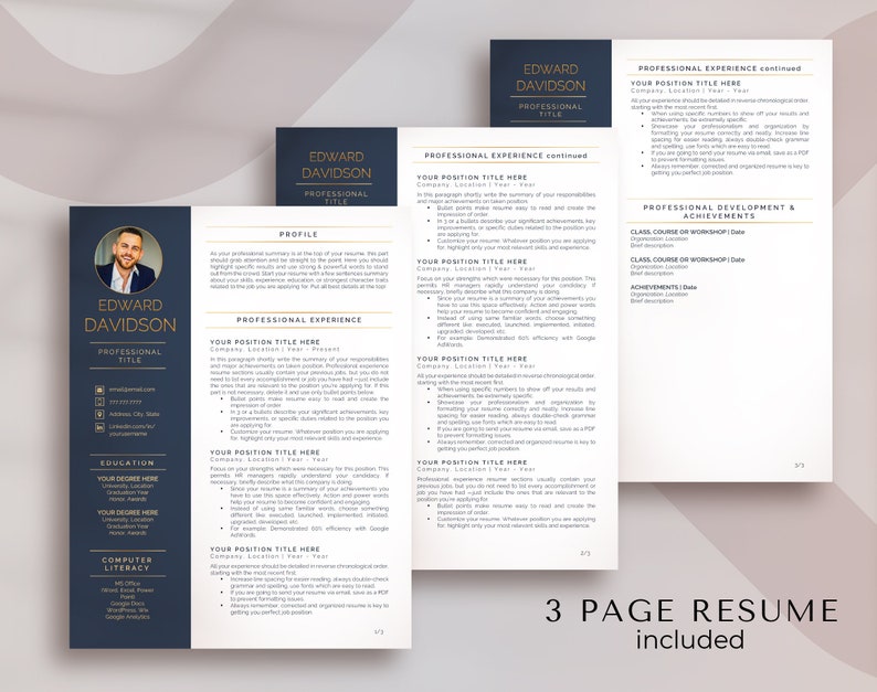 May include: A three-page resume template with a dark blue and gold color scheme. The resume includes sections for professional experience, education, computer literacy, and professional development and achievements. The template is designed to be used by job seekers to showcase their skills and experience.