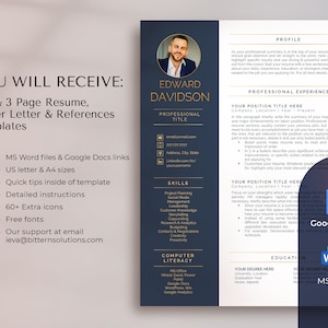 May include: A blue and gold resume template with a professional headshot of a man. The template includes sections for skills, professional experience, education, and computer literacy. The text "YOU WILL RECEIVE: 1, 2 & 3 Page Resume, Cover Letter & References Templates" is displayed on the left side of the image.