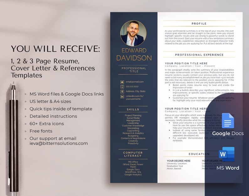 May include: A blue and gold resume template with a professional headshot of a man. The template includes sections for skills, professional experience, education, and computer literacy. The text "YOU WILL RECEIVE: 1, 2 & 3 Page Resume, Cover Letter & References Templates" is displayed on the left side of the image.