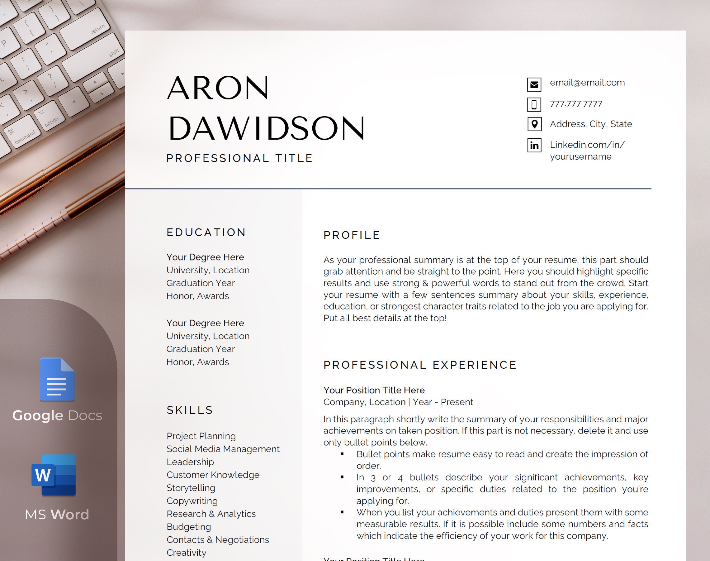 Minimal Professional Resume Template for MS Word and Google Docs ...
