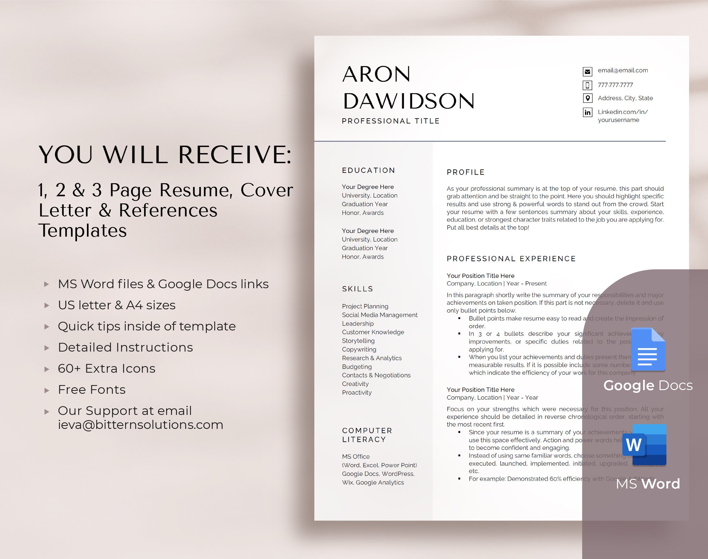 Minimal Professional Resume Template for MS Word and Google Docs ...