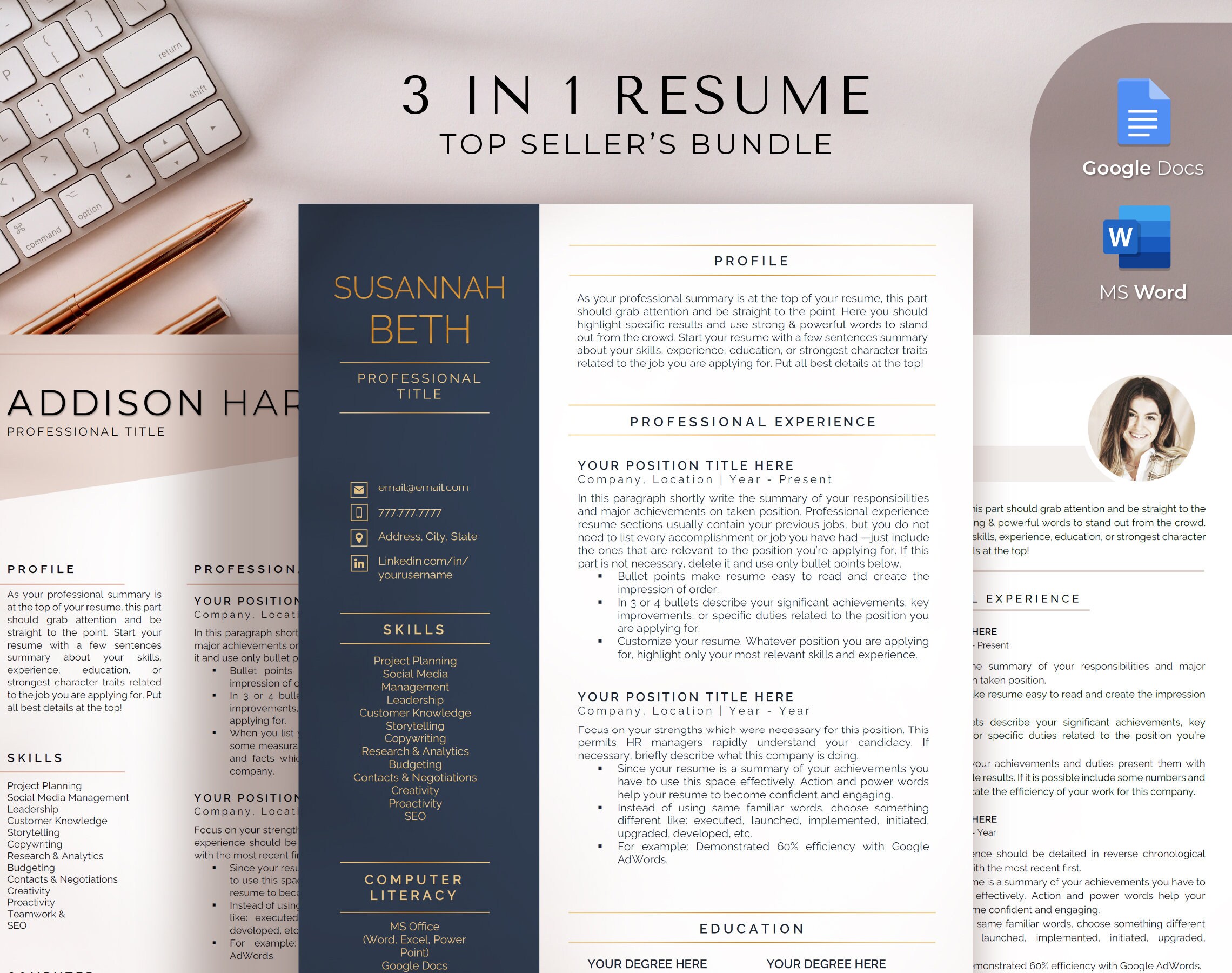 3in1 Resume Template Bundle for Word & Google Docs, Professional CV ...