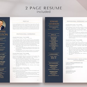 May include: A two-page resume template with a dark blue background and gold accents. The resume includes sections for profile, professional experience, skills, languages, references, and professional development and achievements. The template is designed for a professional looking for a new job.