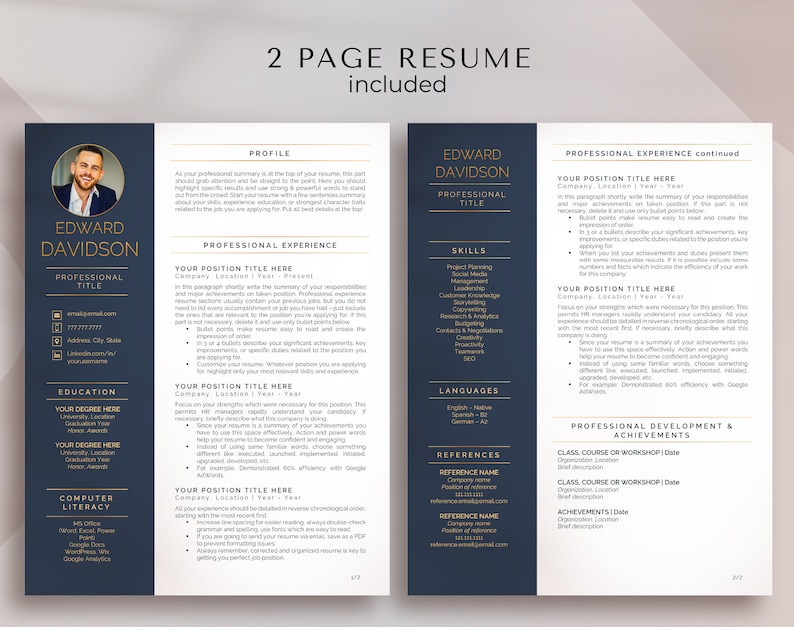 May include: A two-page resume template with a dark blue background and gold accents. The resume includes sections for profile, professional experience, skills, languages, references, and professional development and achievements. The template is designed for a professional looking for a new job.