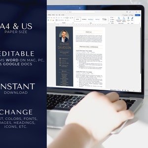 May include: A laptop computer displaying a dark blue and gold resume template with the text "Edward Davidson" and "Professional Experience". The template is editable with Microsoft Word, Google Docs, and compatible with A4 and US paper sizes.