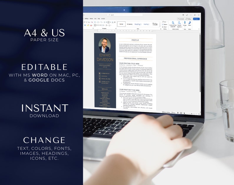 May include: A laptop computer displaying a dark blue and gold resume template with the text "Edward Davidson" and "Professional Experience". The template is editable with Microsoft Word, Google Docs, and compatible with A4 and US paper sizes.