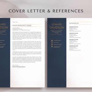 May include: A dark blue cover letter and references template with gold accents. The template includes a section for the applicant's name, professional title, contact information, and a space for a cover letter. The references section includes space for the name, company, position, and email address of each reference.