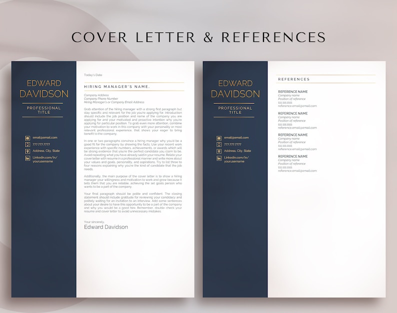 May include: A dark blue cover letter and references template with gold accents. The template includes a section for the applicant's name, professional title, contact information, and a space for a cover letter. The references section includes space for the name, company, position, and email address of each reference.
