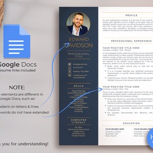 May include: A dark blue resume template with gold accents. The resume includes a professional headshot, contact information, skills, work experience, education, and a profile section. The text "How It Looks" is visible in the bottom right corner.