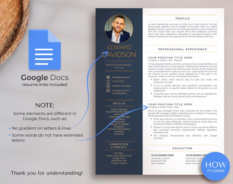 May include: A dark blue resume template with gold accents. The resume includes a professional headshot, contact information, skills, work experience, education, and a profile section. The text "How It Looks" is visible in the bottom right corner.
