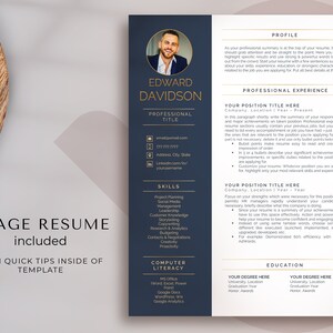 May include: A blue and white resume template with a professional headshot, contact information, skills, and experience sections. The template includes a section for computer literacy, highlighting skills in Microsoft Office, Google Docs, and Google Analytics.