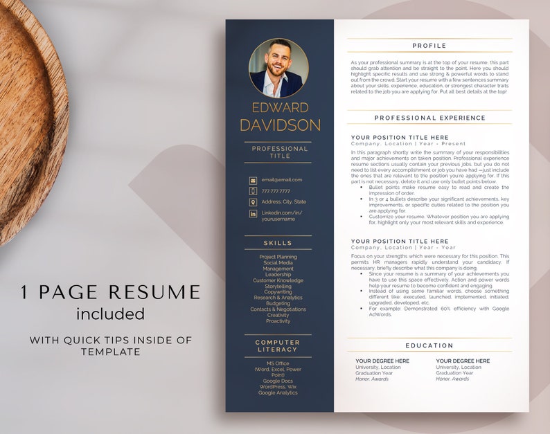 May include: A blue and white resume template with a professional headshot, contact information, skills, and experience sections. The template includes a section for computer literacy, highlighting skills in Microsoft Office, Google Docs, and Google Analytics.