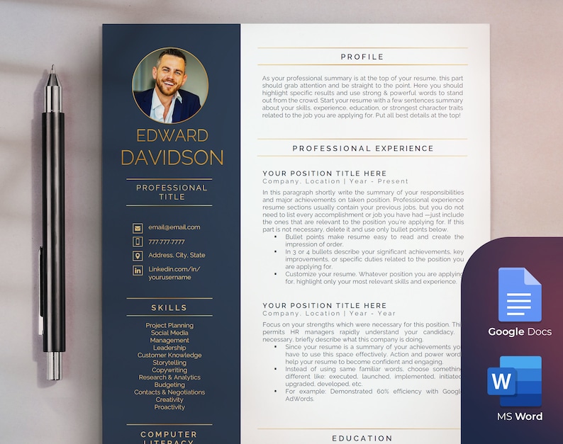 May include: A blue and gold resume template with a professional headshot of a man. The resume includes sections for profile, professional experience, skills, and education. The text "EDWARD DAVIDSON" is displayed in gold lettering.