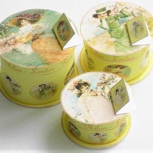 May include: Three round yellow boxes with vintage illustrations of women in dresses and hats. The boxes have the text "Milan - London - Paris" printed on them.