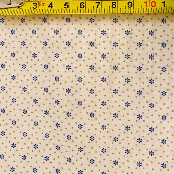 Tiny Gold, Blue and cream floral print fabric for dollhouse