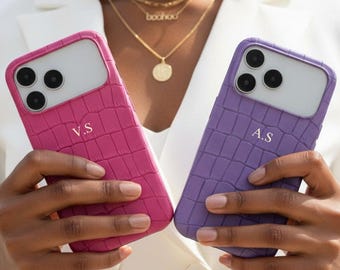 Faux Leather Phone Case for iPhone 17 Pro Max, 16 15 14 Pro, Personalized Initial Letters Monogram Phone Cover, Custom Gift For Her