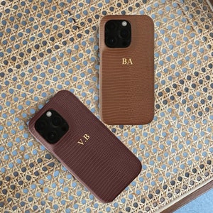 Coque en cuir personnalisée pour iPhone 16, 15, 14 Pro Max, initiales personnalisées, texture serpent, protection intégrale, cadeau pour elle