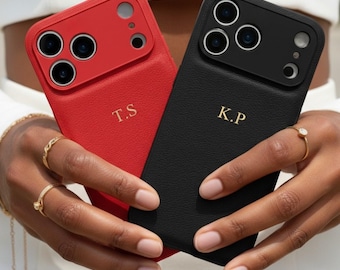 Personalized Leather Phone Case for iPhone 17 Pro Max 16 15 14 Pro, Custom Embossed Phone Cases with Initial Monogram Letters, Gifts for Her